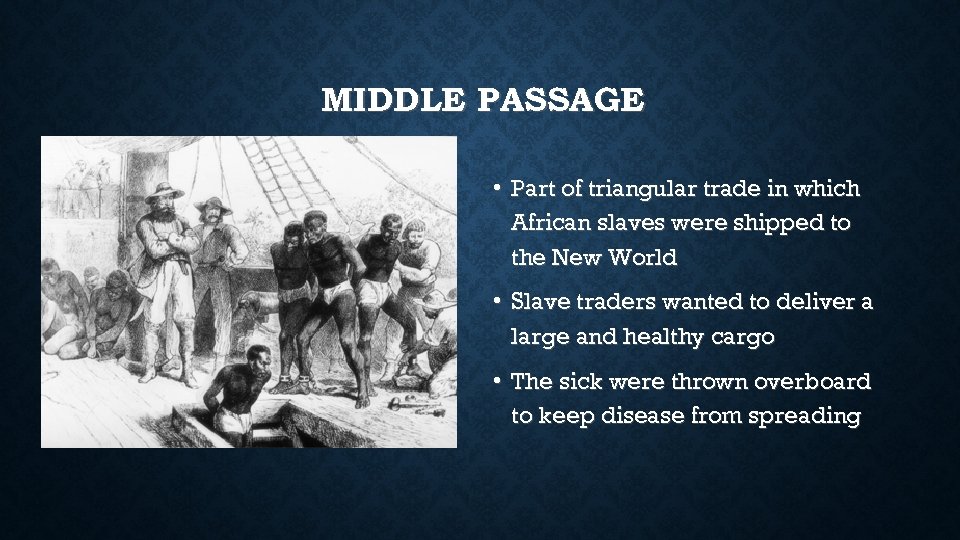 MIDDLE PASSAGE • Part of triangular trade in which African slaves were shipped to