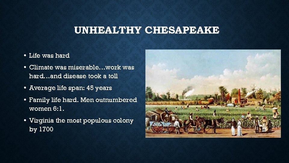 UNHEALTHY CHESAPEAKE • Life was hard • Climate was miserable…work was hard…and disease took