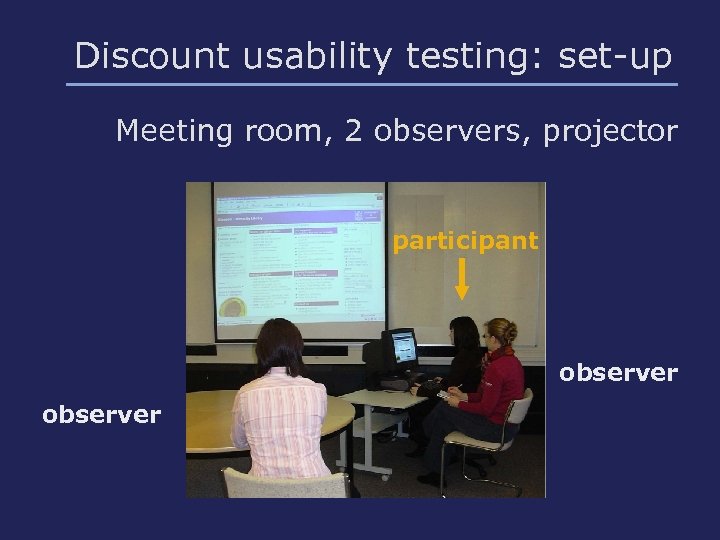 Discount usability testing: set-up Meeting room, 2 observers, projector participant observer 