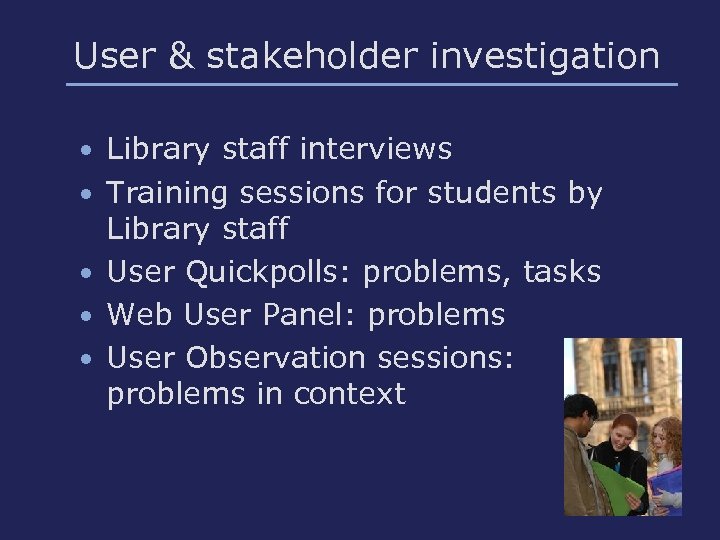 User & stakeholder investigation • Library staff interviews • Training sessions for students by