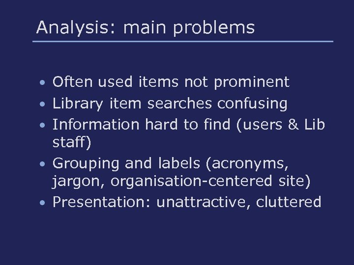 Analysis: main problems • Often used items not prominent • Library item searches confusing