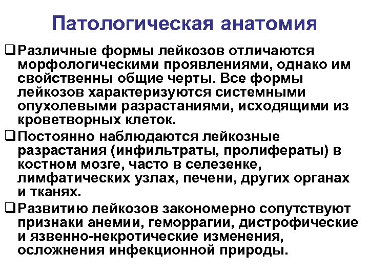 Патологическая анатомия q Различные формы лейкозов отличаются морфологическими проявлениями, однако им свойственны общие черты.