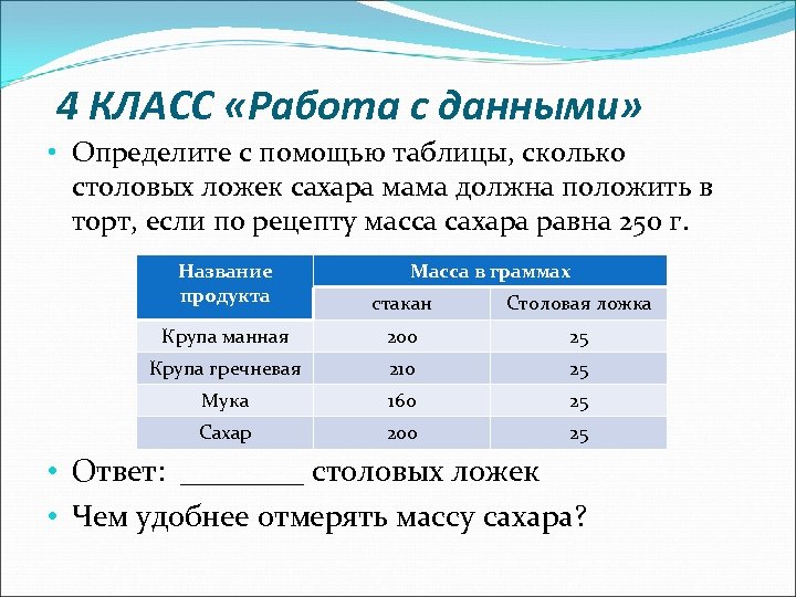 4 КЛАСС «Работа с данными» • Определите с помощью таблицы, сколько столовых ложек сахара