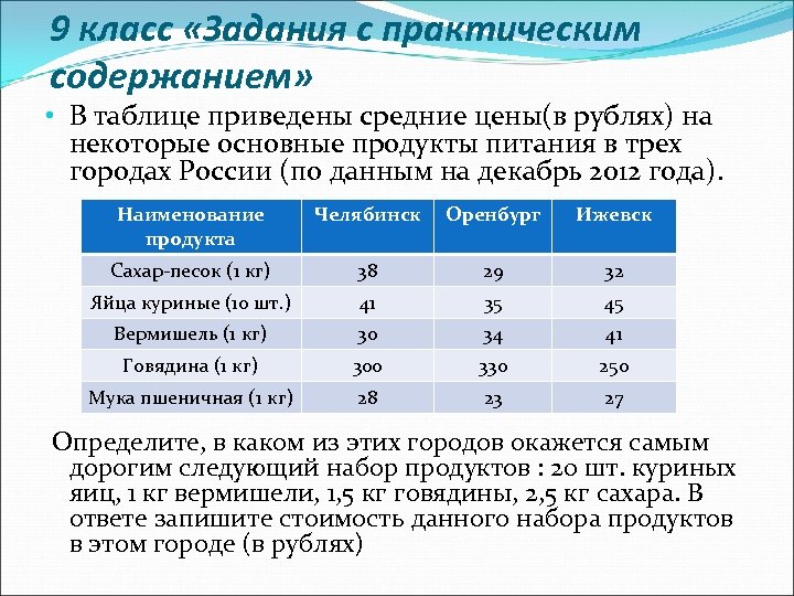 9 класс «Задания с практическим содержанием» • В таблице приведены средние цены(в рублях) на