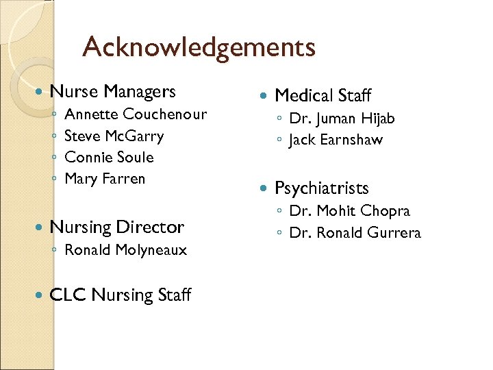 Acknowledgements Nurse Managers ◦ ◦ Annette Couchenour Steve Mc. Garry Connie Soule Mary Farren