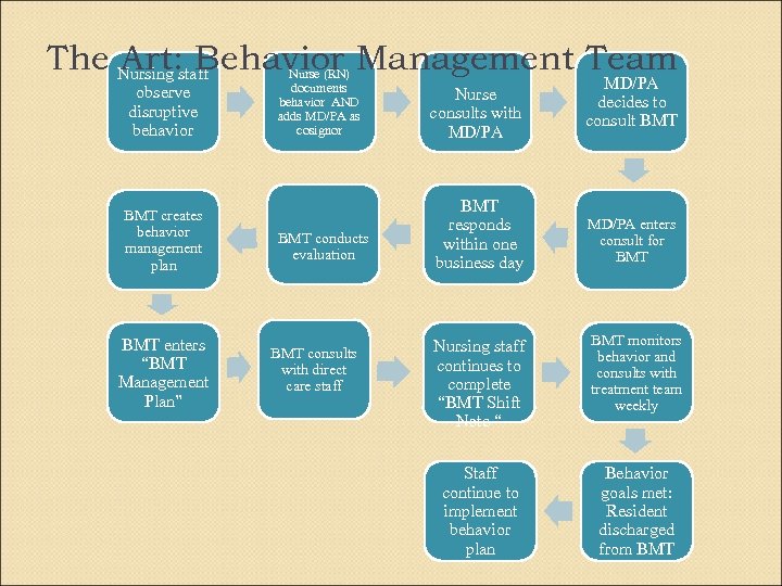 The Nursing staff Art: Behavior Management Team observe disruptive behavior BMT creates behavior management