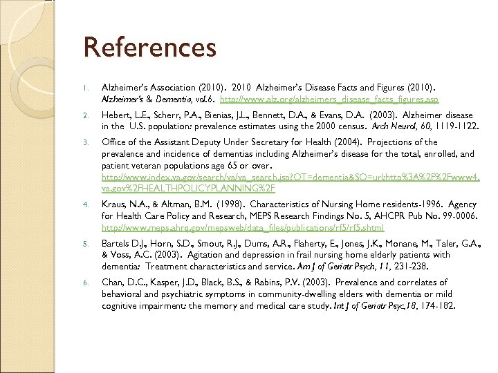 References 1. Alzheimer’s Association (2010). 2010 Alzheimer’s Disease Facts and Figures (2010). Alzheimer’s &