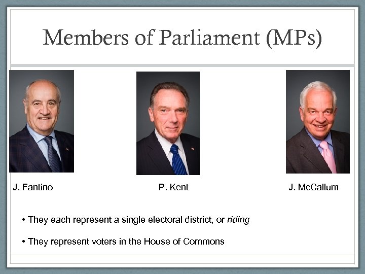 Members of Parliament (MPs) J. Fantino P. Kent • They each represent a single