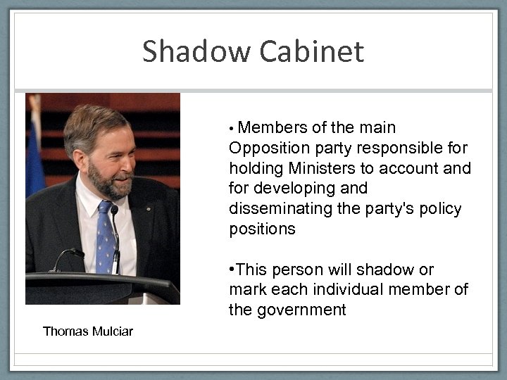 Shadow Cabinet • Members of the main Opposition party responsible for holding Ministers to