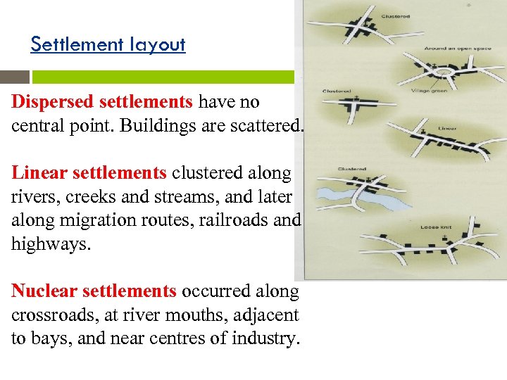 Settlement layout Dispersed settlements have no central point. Buildings are scattered. Linear settlements clustered