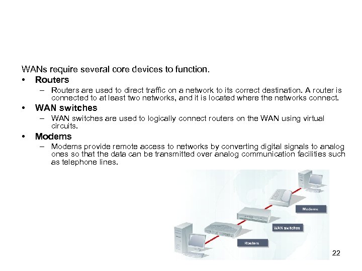 WANs require several core devices to function. • Routers – Routers are used to