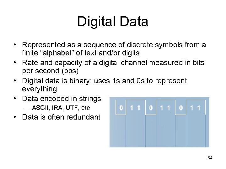 Digital Data • Represented as a sequence of discrete symbols from a finite “alphabet”