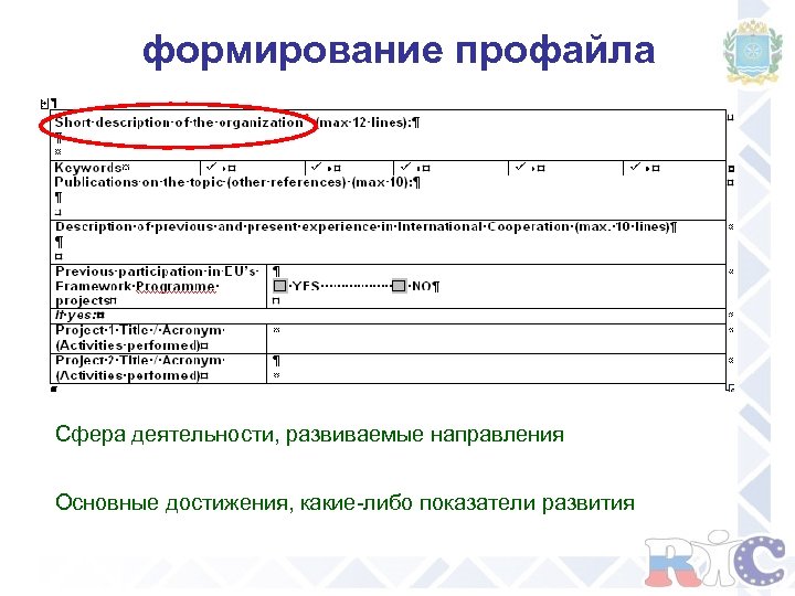формирование профайла Сфера деятельности, развиваемые направления Основные достижения, какие-либо показатели развития 
