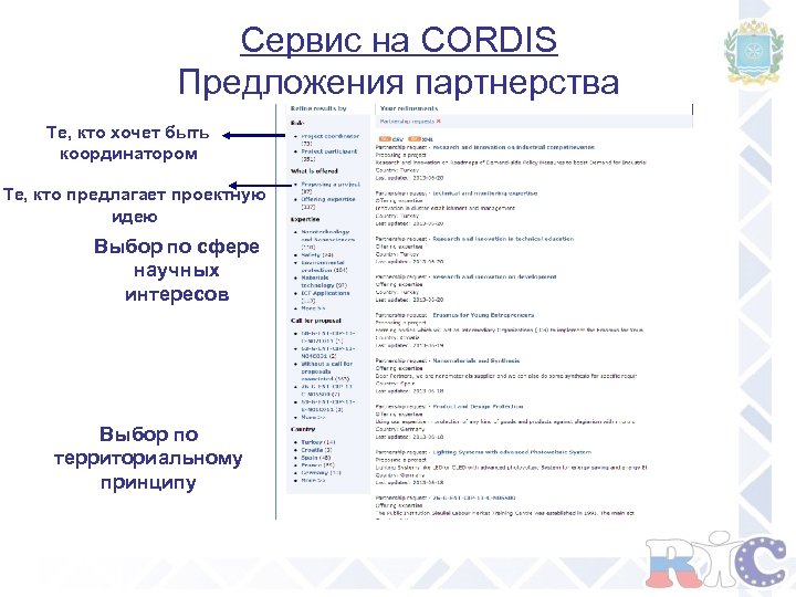 Сервис на CORDIS Предложения партнерства Те, кто хочет быть координатором Те, кто предлагает проектную