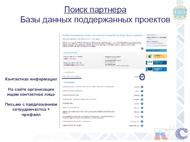 Поиск партнера Базы данных поддержанных проектов Контактная информация На сайте организации ищем контактное лицо