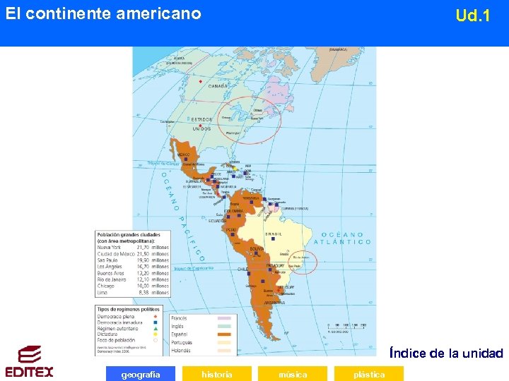 El continente americano Ud. 1 Índice de la unidad geografía historia música plástica 