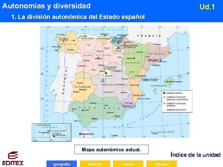 Autonomías y diversidad Ud. 1 1. La división autonómica del Estado español Mapa autonómico