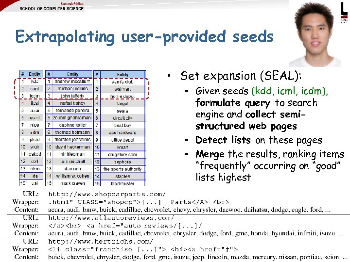 Extrapolating user-provided seeds • Set expansion (SEAL): – Given seeds (kdd, icml, icdm), formulate