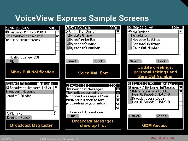 Voice. View Express Sample Screens Mbox Full Notification Voice Mail Sort Broadcast Msg Listen