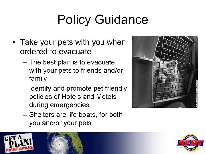 Policy Guidance • Take your pets with you when ordered to evacuate – The