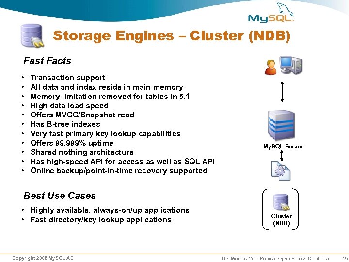 Storage Engines – Cluster (NDB) Fast Facts • • • Transaction support All data