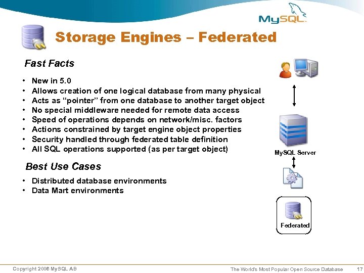 Storage Engines – Federated Fast Facts • • New in 5. 0 Allows creation