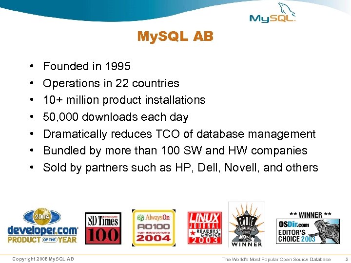 My. SQL AB • • Founded in 1995 Operations in 22 countries 10+ million