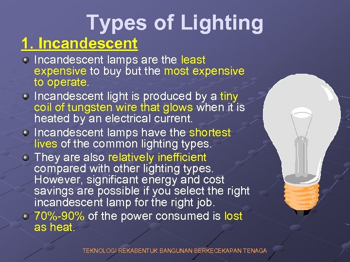 Types of Lighting 1. Incandescent lamps are the least expensive to buy but the