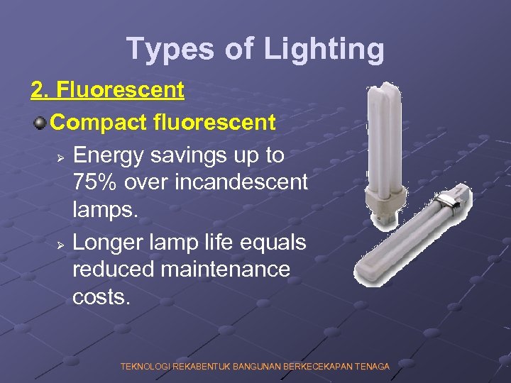 Types of Lighting 2. Fluorescent Compact fluorescent Ø Energy savings up to 75% over