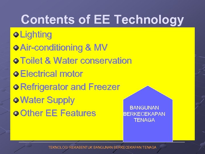 Contents of EE Technology Lighting Air-conditioning & MV Toilet & Water conservation Electrical motor