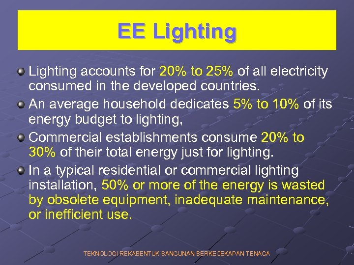 EE Lighting accounts for 20% to 25% of all electricity consumed in the developed