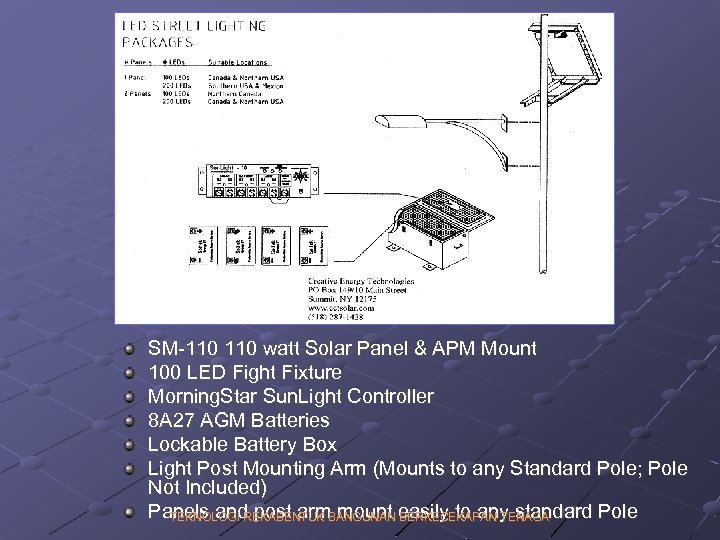 SM-110 watt Solar Panel & APM Mount 100 LED Fight Fixture Morning. Star Sun.