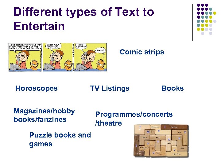 Different types of Text to Entertain Comic strips Horoscopes TV Listings Magazines/hobby books/fanzines Puzzle