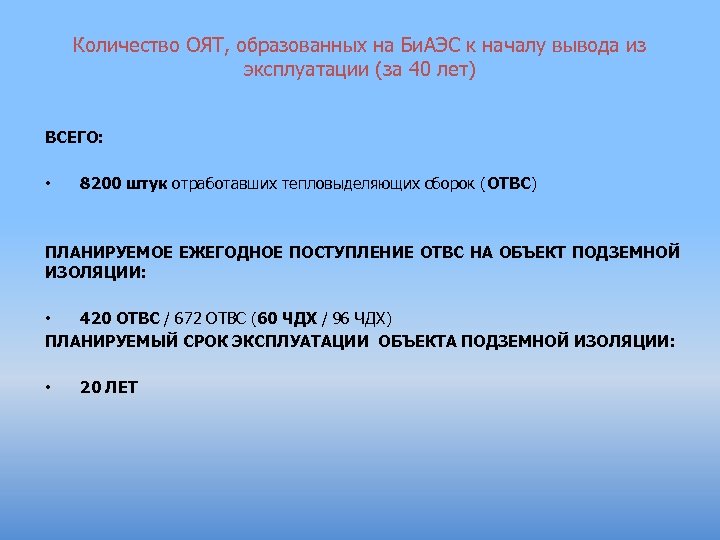 Количество ОЯТ, образованных на Би. АЭС к началу вывода из эксплуатации (за 40 лет)