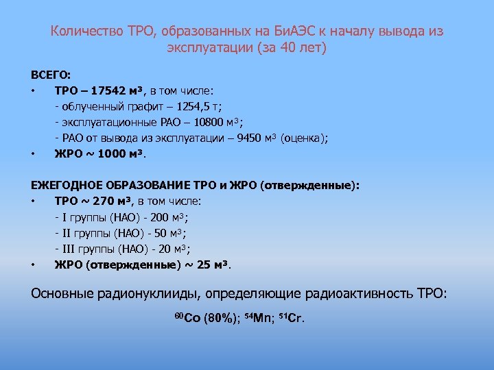 Количество ТРО, образованных на Би. АЭС к началу вывода из эксплуатации (за 40 лет)
