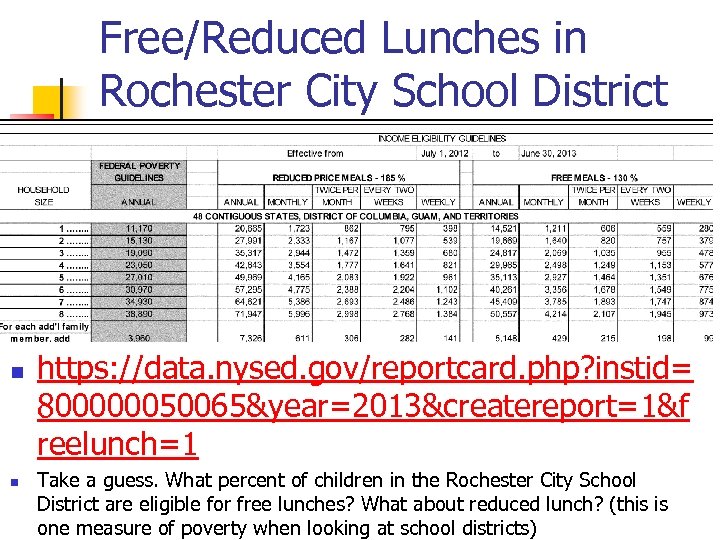 Free/Reduced Lunches in Rochester City School District n n https: //data. nysed. gov/reportcard. php?