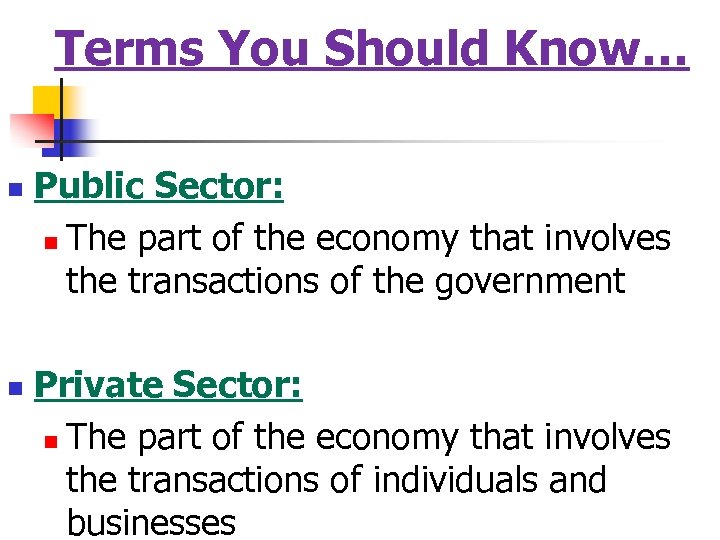 Terms You Should Know… n n Public Sector: n The part of the economy