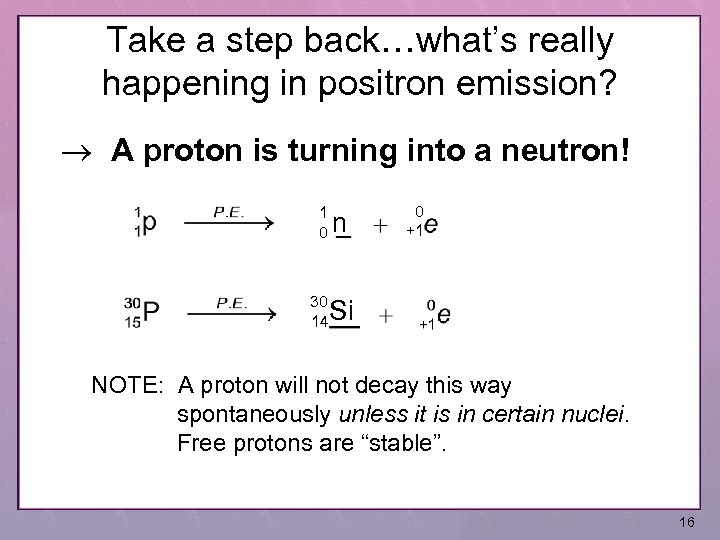 Take a step back…what’s really happening in positron emission? A proton is turning into
