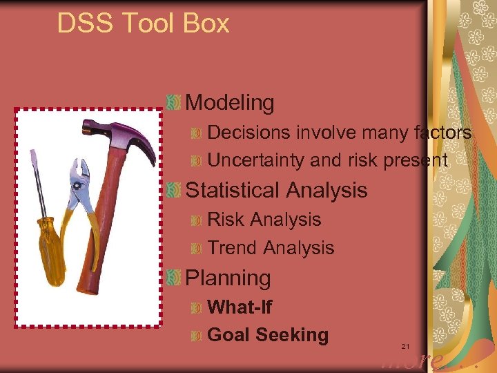 DSS Tool Box Modeling Decisions involve many factors Uncertainty and risk present Statistical Analysis