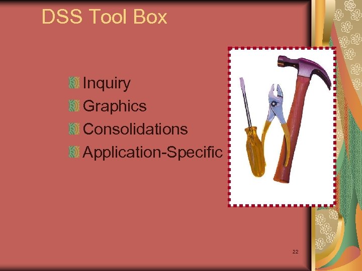 DSS Tool Box Inquiry Graphics Consolidations Application-Specific 22 