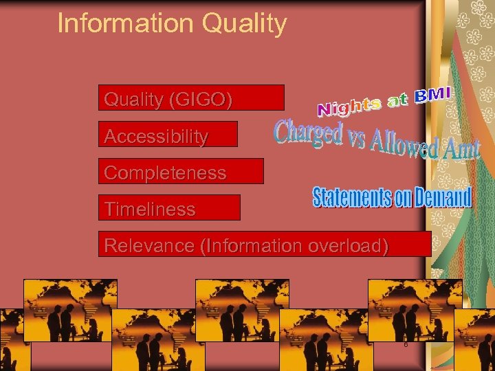 Information Quality (GIGO) Accessibility Completeness Timeliness Relevance (Information overload) 6 