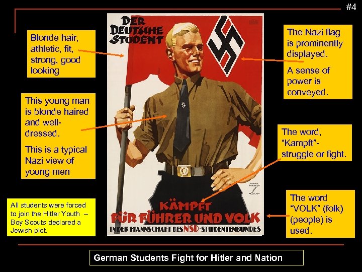 #4 The Nazi flag is prominently displayed. Blonde hair, athletic, fit, strong, good looking