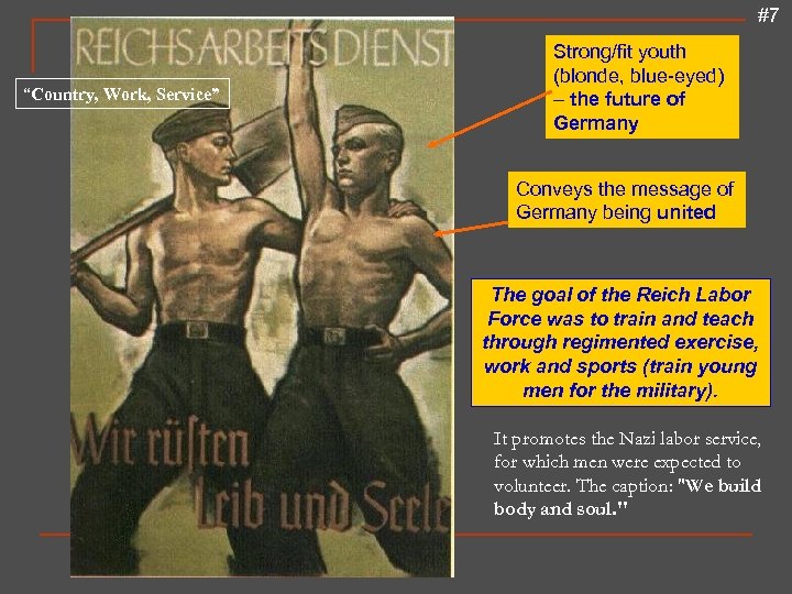 #7 “Country, Work, Service” Strong/fit youth (blonde, blue-eyed) – the future of Germany Conveys