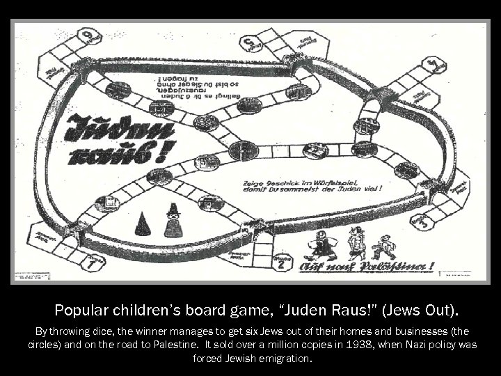 Popular children’s board game, “Juden Raus!” (Jews Out). By throwing dice, the winner manages