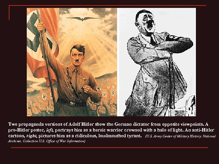 Two propaganda versions of Adolf Hitler show the German dictator from opposite viewpoints. A