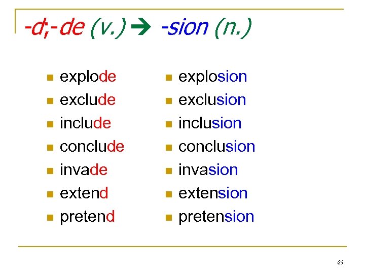 -d; -de (v. ) -sion (n. ) n n n n explode exclude include