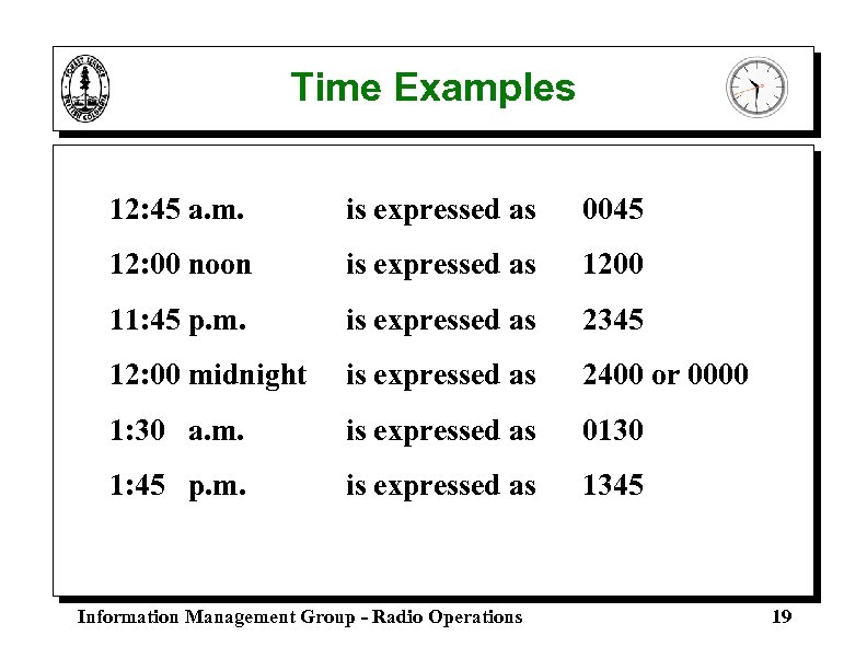 Time Examples 12: 45 a. m. is expressed as 0045 12: 00 noon is