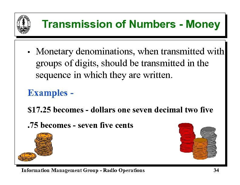 Transmission of Numbers - Money • Monetary denominations, when transmitted with groups of digits,