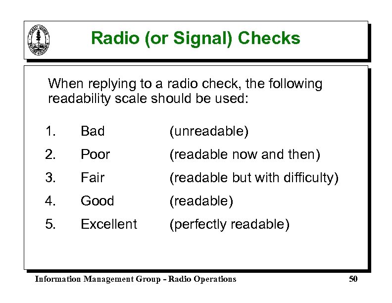Radio (or Signal) Checks When replying to a radio check, the following readability scale