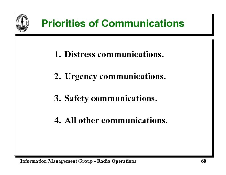 Priorities of Communications 1. Distress communications. 2. Urgency communications. 3. Safety communications. 4. All